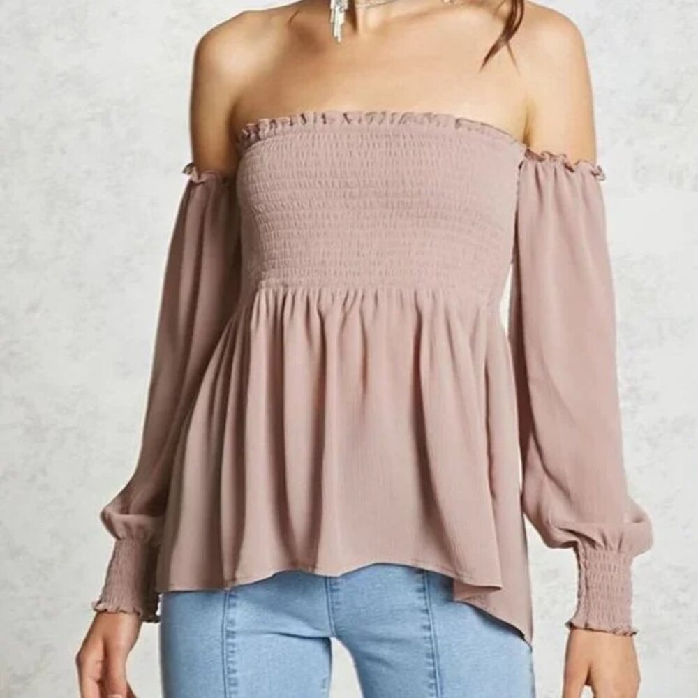Blush Smocked Off-the-Shoulder Blouse with Ribbed Body and Flowy Sleeves